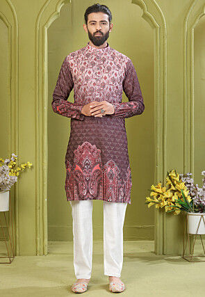 Digital Printed Cotton Kurta Set in Peach and Brown