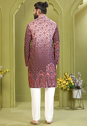Digital Printed Cotton Kurta Set in Peach and Brown
