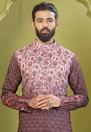 Digital Printed Cotton Kurta Set in Peach and Brown