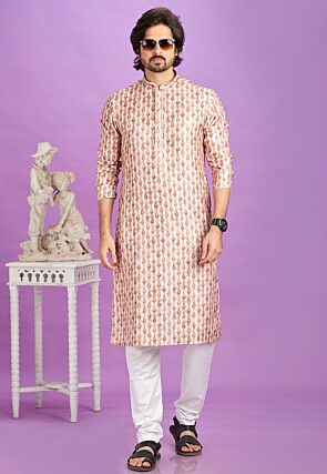 Digital Printed Cotton Kurta Set in Peach