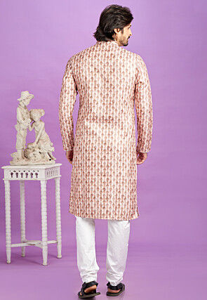Digital Printed Cotton Kurta Set in Peach