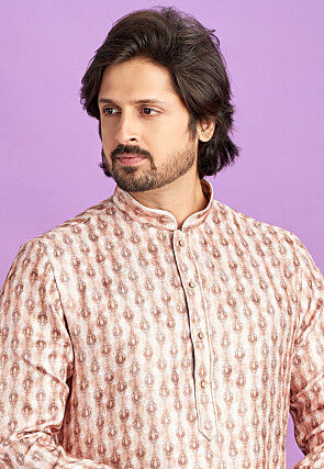 Digital Printed Cotton Kurta Set in Peach