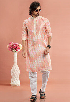 Digital Printed Cotton Kurta Set in Peach