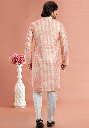 Digital Printed Cotton Kurta Set in Peach
