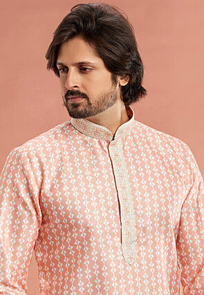 Digital Printed Cotton Kurta Set in Peach