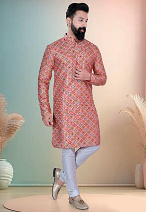 Digital Printed Cotton Kurta Set in Peach