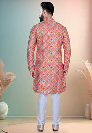 Digital Printed Cotton Kurta Set in Peach