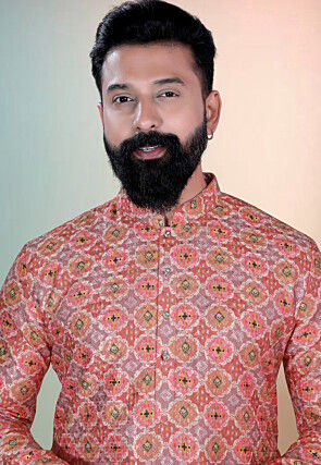 Digital Printed Cotton Kurta Set in Peach