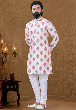 Digital Printed Cotton Kurta Set in Peach