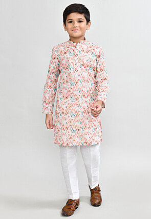 Digital Printed Cotton Kurta Set in Peach