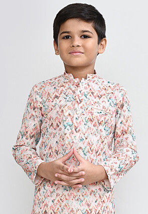 Digital Printed Cotton Kurta Set in Peach