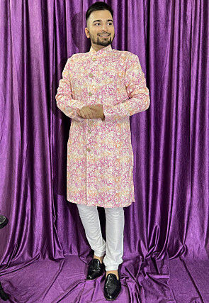 Digital Printed Cotton Kurta Set in Pink and Orange
