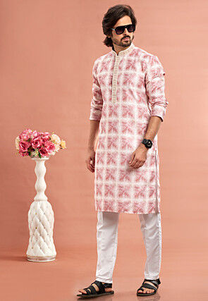 Digital Printed Cotton Kurta Set in Pink and White