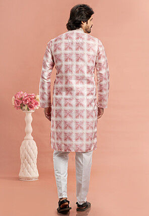 Digital Printed Cotton Kurta Set in Pink and White