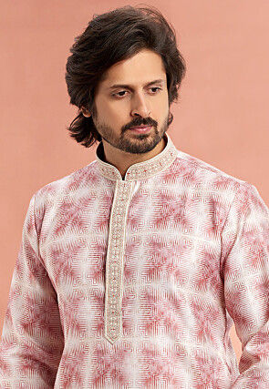 Digital Printed Cotton Kurta Set in Pink and White