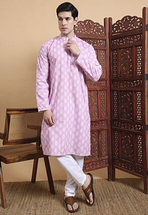 Digital Printed Cotton Kurta Set in Purple