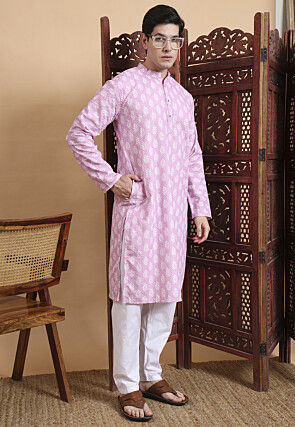Digital Printed Cotton Kurta Set in Purple