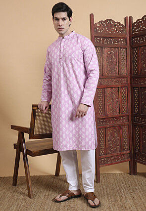 Digital Printed Cotton Kurta Set in Purple