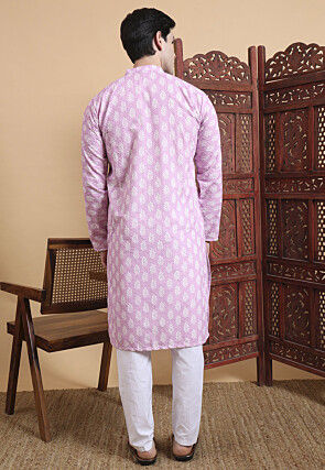 Digital Printed Cotton Kurta Set in Purple