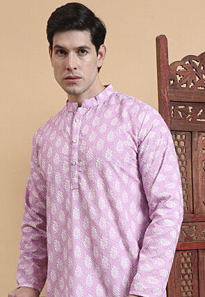 Digital Printed Cotton Kurta Set in Purple