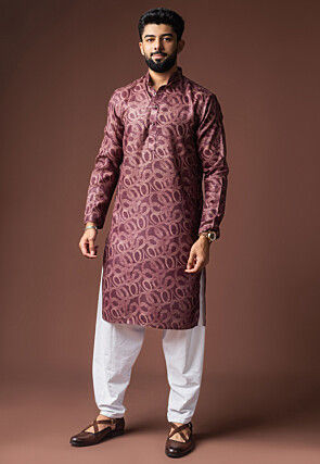 Digital Printed Cotton Kurta Set in Purple