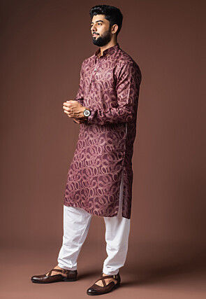 Digital Printed Cotton Kurta Set in Purple