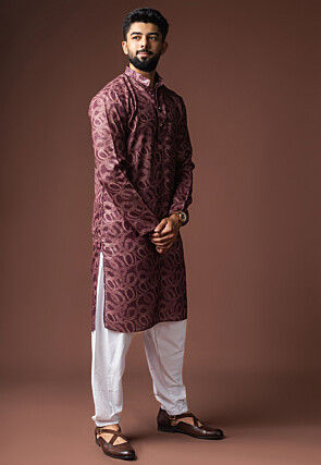 Digital Printed Cotton Kurta Set in Purple