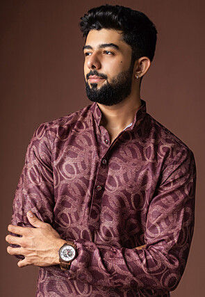 Digital Printed Cotton Kurta Set in Purple