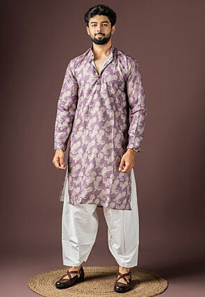 Digital Printed Cotton Kurta Set in Purple
