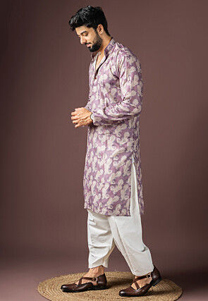 Digital Printed Cotton Kurta Set in Purple