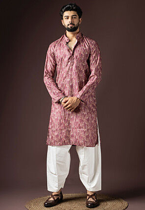 Digital Printed Cotton Kurta Set in Purple