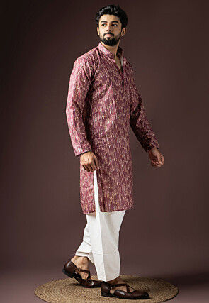 Digital Printed Cotton Kurta Set in Purple
