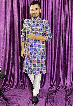 Digital Printed Cotton Kurta Set in Purple