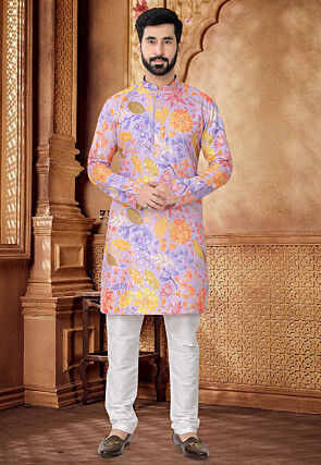 Digital Printed Cotton Kurta Set in Purple