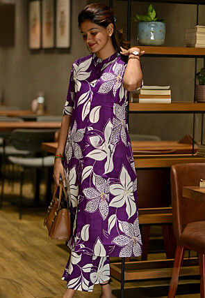 Digital Printed Cotton Kurta Set in Purple