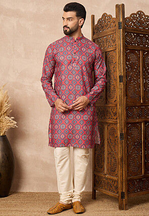 Digital Printed Cotton Kurta Set in Red