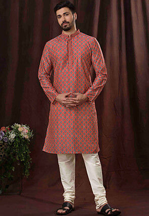 Digital Printed Cotton Kurta Set in Red