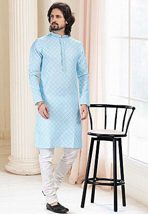 Digital Printed Cotton Kurta Set in Sky Blue