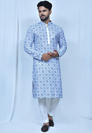 Digital Printed Cotton Kurta Set in Sky Blue