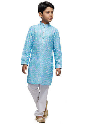 Digital Printed Cotton Kurta Set in Sky Blue