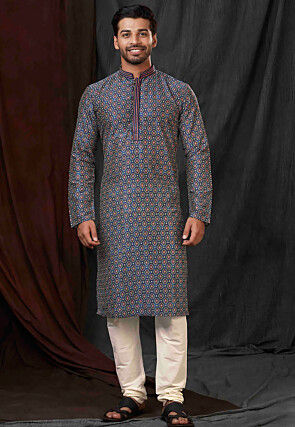 Digital Printed Cotton Kurta Set in Teal Blue