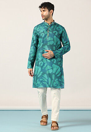 Digital Printed Cotton Kurta Set in Teal Green