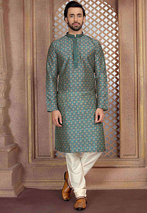 Digital Printed Cotton Kurta Set in Teal Green
