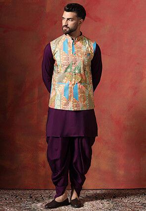 Digital Printed Cotton Kurta Set in Violet and Multicolor