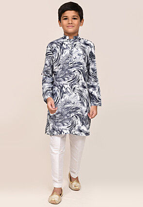 Digital Printed Cotton Kurta Set in White and Blue