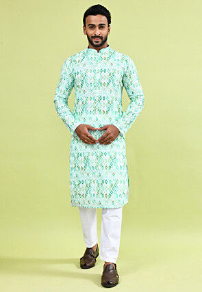 Digital Printed Cotton Kurta Set in White and Green
