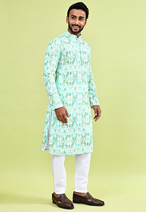 Digital Printed Cotton Kurta Set in White and Green
