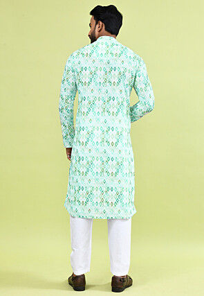 Digital Printed Cotton Kurta Set in White and Green