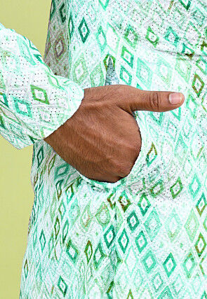 Digital Printed Cotton Kurta Set in White and Green