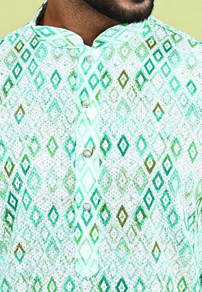 Digital Printed Cotton Kurta Set in White and Green